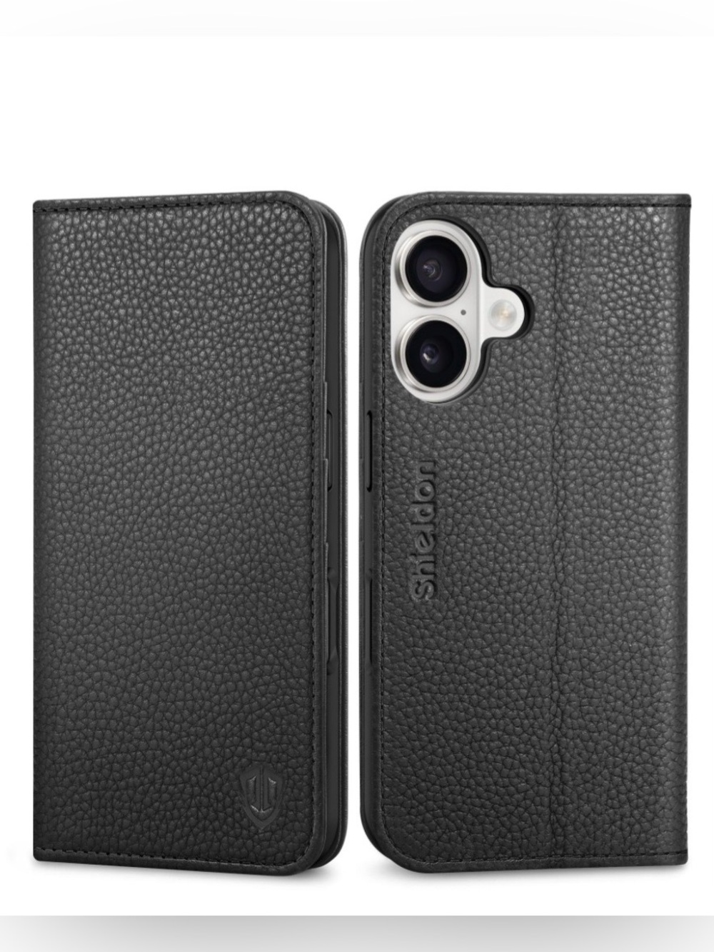 Genuine Pebbled Leather Wallet Case for iPhone 16 - BLACK